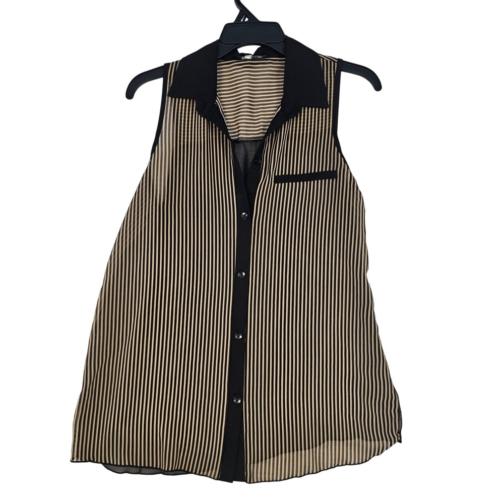 ISSI Sleeveless Sheer Striped Button Down Blouse Black Tan Small